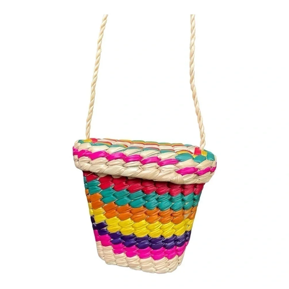 Vintage Woven Basket Shoulder Bag Crossbody Attached Lid